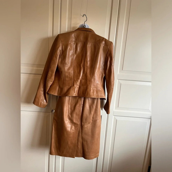 Vintage 1980's Leather Skirt and Jacket Set  Size 12 Jacket Sz 10 Skirt. Camel - Picture 8 of 17